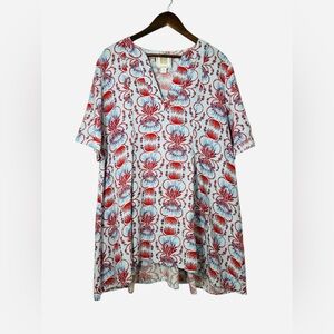 Emily McCarthy Linen Blend Red Blue Floral Swing Dress Size Large